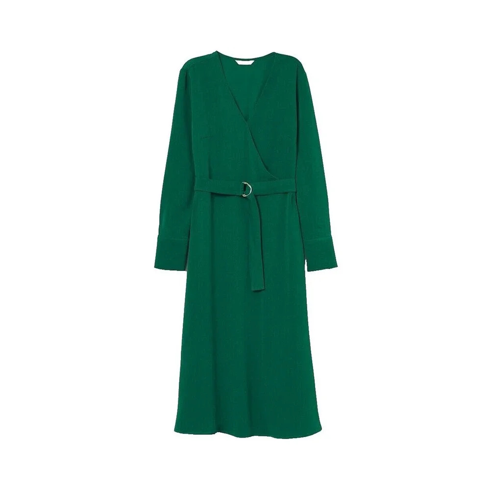 H&M knee-length Women's Midi Dress Size 6 Green faux-wrap Long Sleeve Belted